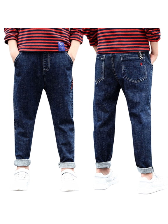 Boys Straight Jeans Children Elastic Waist Pull On Jeans Regular Stretch Outdoor Denim Pants,4-14Y & Husky