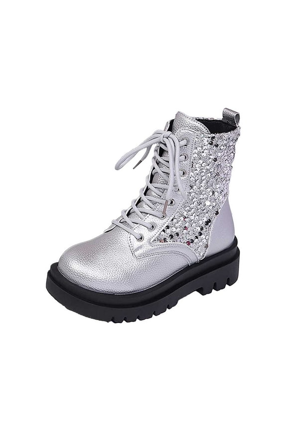 Kidagic Stylish Women's Ankle Boots With Round Toe Shiny Sequin Detailing Thick Sole Casual Booties For Everyday Wear(Color:Silver,Size:7)