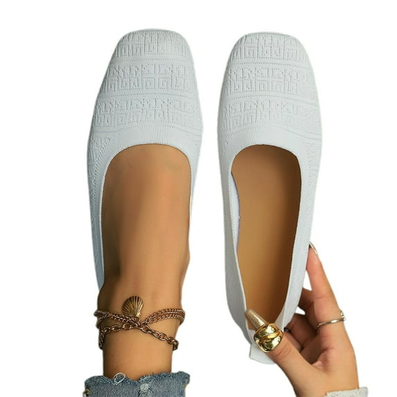 Kidagic Women's On Loafers Comfortable Square Toe Flat Shoes Lightweight Breathable Walking Casual Footwear(Color:White,Size:5)