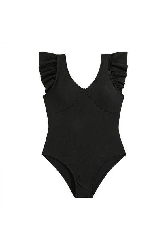 Women's Ruffle Deep V One-Piece Swimsuit - Tummy Control & Tuck Design, for Beach & Pool,for Size 8-10 Years