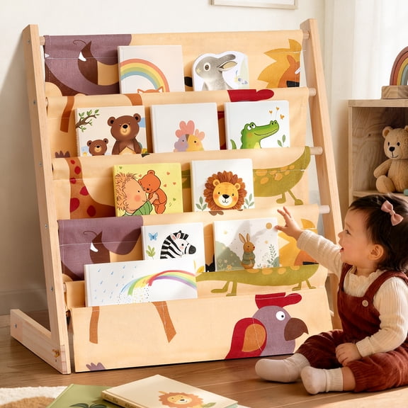Kids Bookcase, Caveen Cartoon Animal Kids Bookshelf, Kids Storage Bookshelf and Storage Organizer for Kids Bedroom, 4 Tier