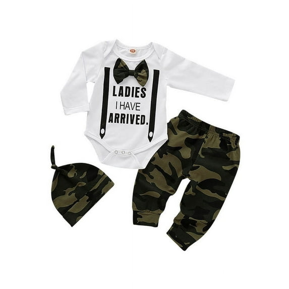 Kidcici Baby Boys Print long-sleeved Romper Pants Hatt 3Pcs Sets
