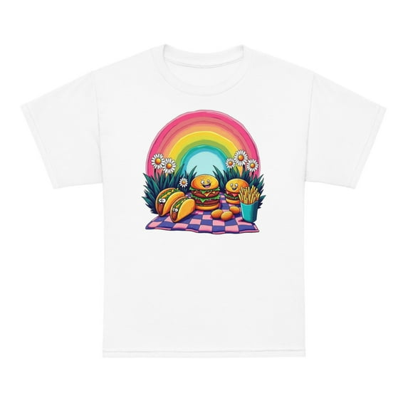 Kidcore Picnic Smiles & Rainbow - Youth child young teen t-shirt - Kid Core Style (White, L)