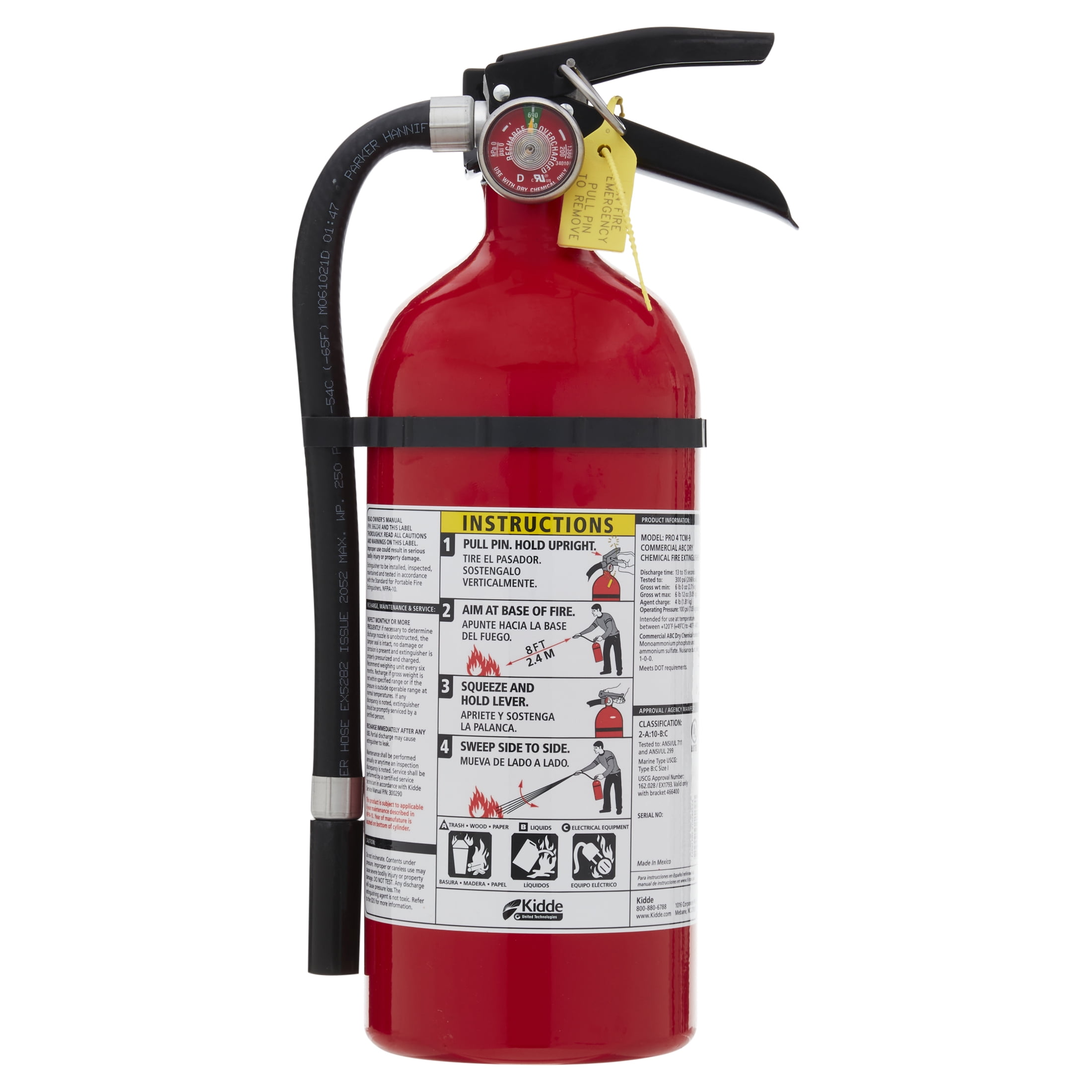 Kidde Pro 210 Fire Extinguisher, 4lb, 2-A, 10-B:C
