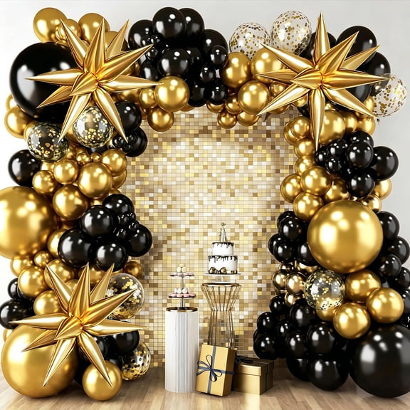 KiddiTouch Black and Gold Balloons Garland Arch Kit, 5 10 12 18inch Black Gold Confetti Latex Balloons for 2026 Graduation New Year Anniversary Birthday Party Decorations