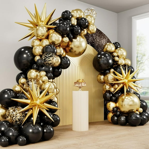 KiddiTouch Black and Gold Balloons Garland Arch Kit, 5 10 12 18inch Black Gold Confetti Latex Balloons for 2025 Graduation New Year Anniversary Birthday Party Decorations