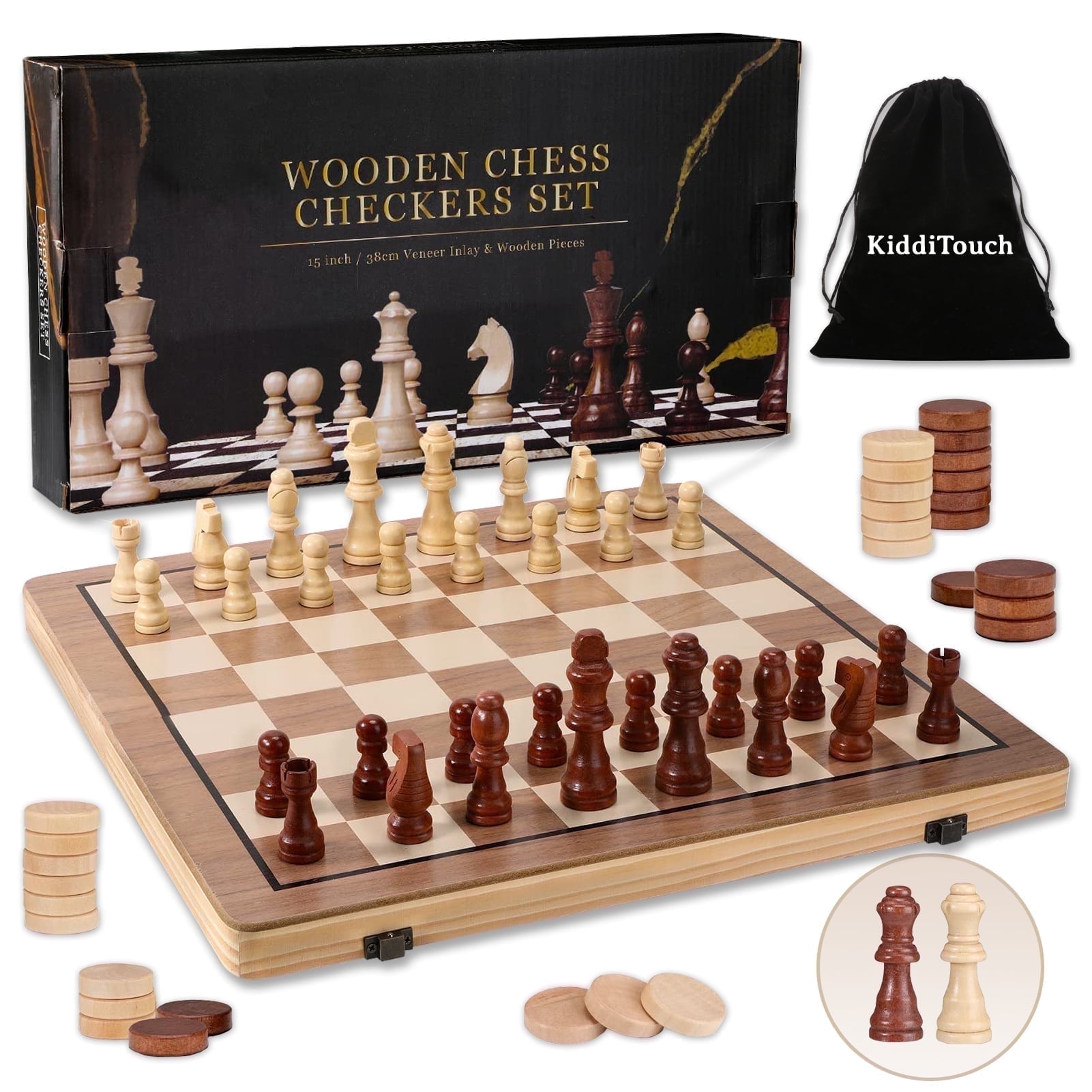 KiddiTouch 15 inch Magnetic Wooden Chess Set 2 in 1 Folding Chess Board Travel Chess Games for Adults and Kids