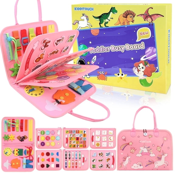 KiddiTouch Busy Sensory Board, Toddler Travel Toys Busy Book Educational Learning Activities for Motor Skills, Pink Unicorn Birthday Gifts for Girls 1-4 Year Old