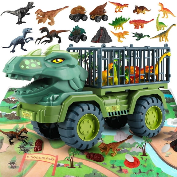 KiddiTouch Dinosaur Toys for Kids 3-5, Monster Truck with Carrier Car and 16 Dinosaurs, Dino Transport Cars Playset Gifts Toys for 3 Year Old Boys