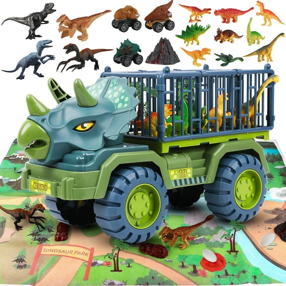 KiddiTouch Dinosaur Toys for Kids 3-5, Monster Truck with Carrier Car and 16 Dinosaurs, Dino Transport Cars Playset Gifts Toys for 3 Year Old Boys