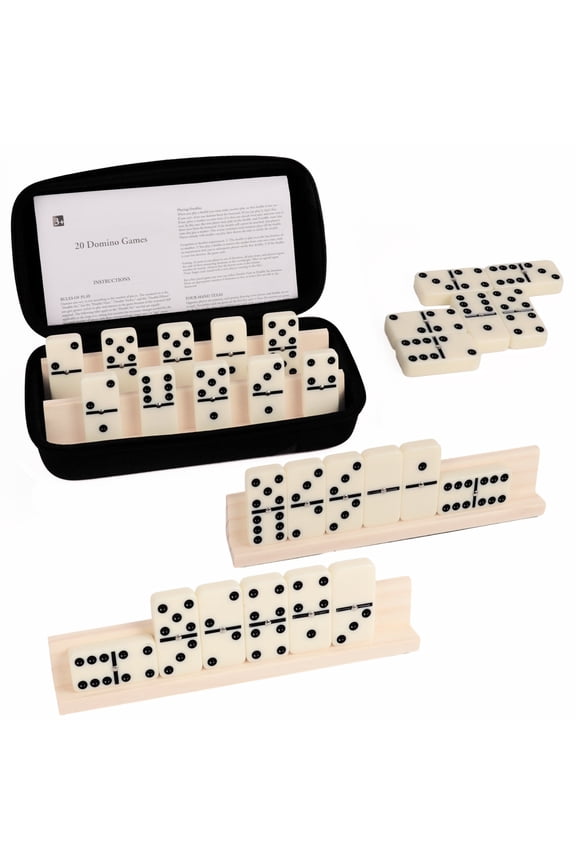 Dominos Set for Adults with 4 Domino Racks - Double 6 Dominoes Set with Domino Holder, Classic Board Games for Adults - Double Six Standard Dominos Set 28 Tiles with Travel Case