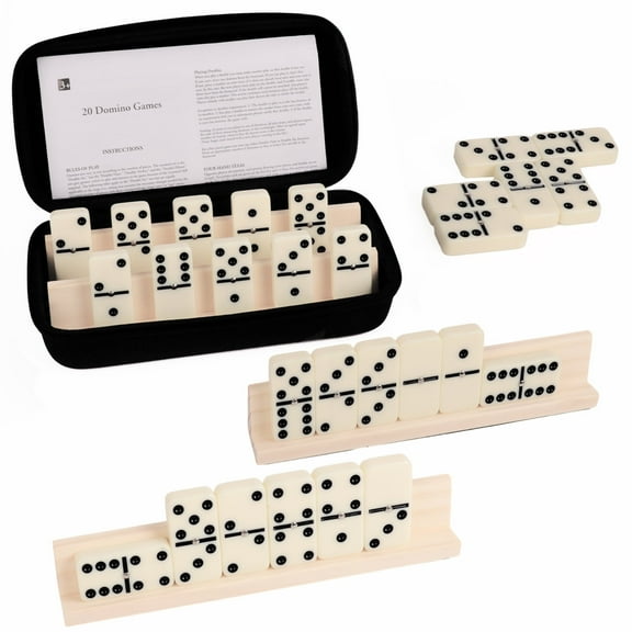 KiddiTouch Dominos Set for Adults with 4 Domino Racks - Double 6 Dominoes Set with Domino Holder, Classic Board Games for Adults - Double Six Standard Dominos Set 28 Tiles with Travel Case