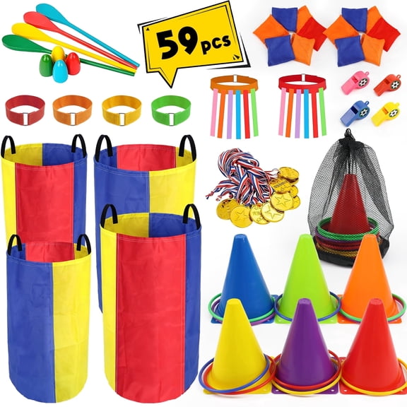 KiddiTouch Field Day Games, 8-in-1 Outdoor Games for Adults and Family, Potato Sack Race Bags, Bean Bags, Ring Toss for Carnival, Lawn, Backyard, School, Birthday, Beach