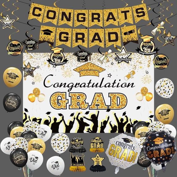 KiddiTouch Graduation Decorations Class of 2026 Gold Themed Backdrop Banner, Supplies for Graduation Party