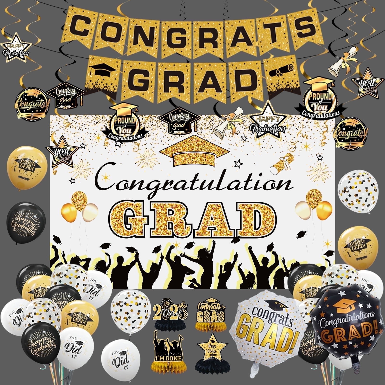 KiddiTouch Graduation Decorations Class of 2025 Gold Themed Backdrop Banner, Supplies for Graduation Party