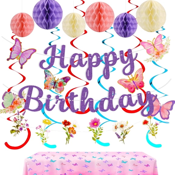 KiddiTouch Happy Birthday Decorations, Pre-Strung Purple Happy Birthday Party Banner with Tablecloth for Women Men Boys Girls