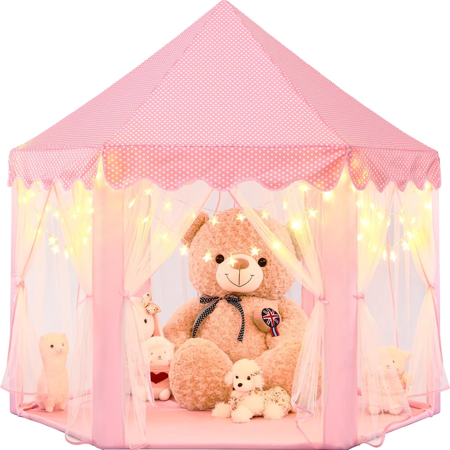 KiddiTouch Princess Tent for Girls, Kids Tent Indoor, Girls Tent with Star Lights, Pink Play Tent for Toddlers, Princess Castle Playhouse Tent for Girls, 55 x 53 inch Toy Tent