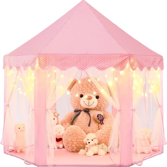 KiddiTouch Princess Tent for Girls, Kids Tent Indoor, Girls Tent with Star Lights, Pink Play Tent for Toddlers, Princess Castle Playhouse Tent for Girls, 55 x 53 inch Toy Tent