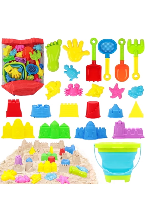 24 Pcs Beach Sand Toy, Summer Sandbox Toys with Collapsible Plastic Bucket & Mesh Bag, 18 Sand Molds Tools for Toddlers Kids Ages 3-12