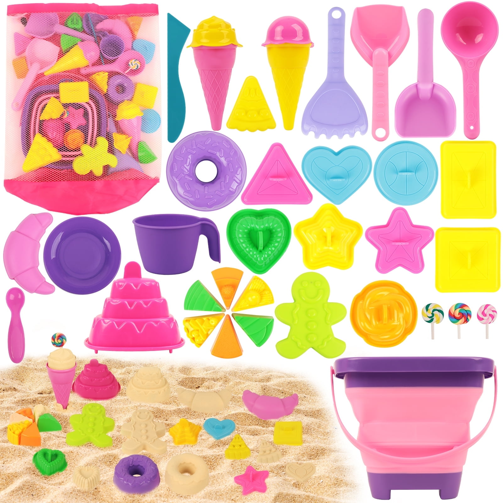KiddiTouch Sand Toys 35Pcs Beach Toys Sandbox Toys with Collapsible Sand Bucket\u0026 Mesh Beach Toy Bag, 4 Sand Tools, 18 Sand Molds, Sand Castle Kit for Girls Kids Ages 3-12
