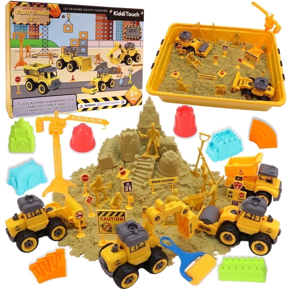 KiddiTouch Construction Toys Sensory Bin, Kids Play Sand Kit with 4 Trucks and 3.3lbs Magical Sand, Pretend Play Beach Sandbox, Gifts for Boys Ages 3-5+