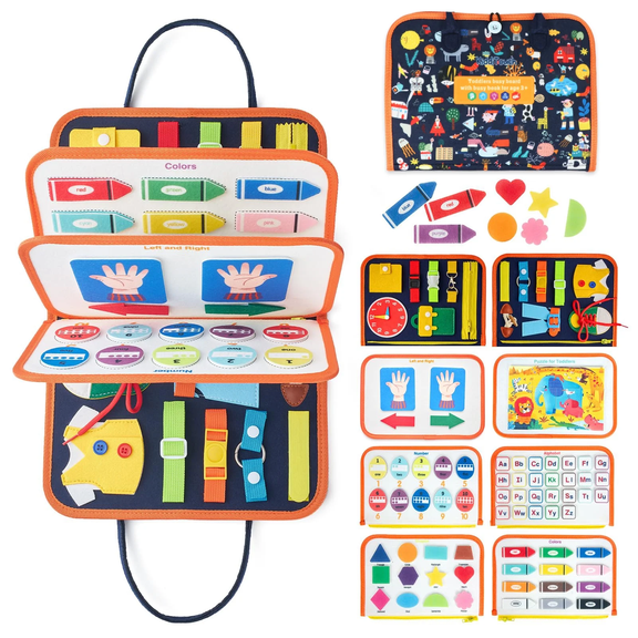 KiddiTouch Toddler Busy Sensory Board, Educational Activities for Learning Fine Motor Skills, Toddlers Travel Toys Gifts for Boys 1-3 2-4