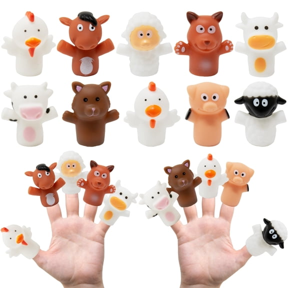Kiddie Play Finger Puppets for Kids, 10 pc Farm Animals Puppets Rubber Set for Story Time and Bath Toys