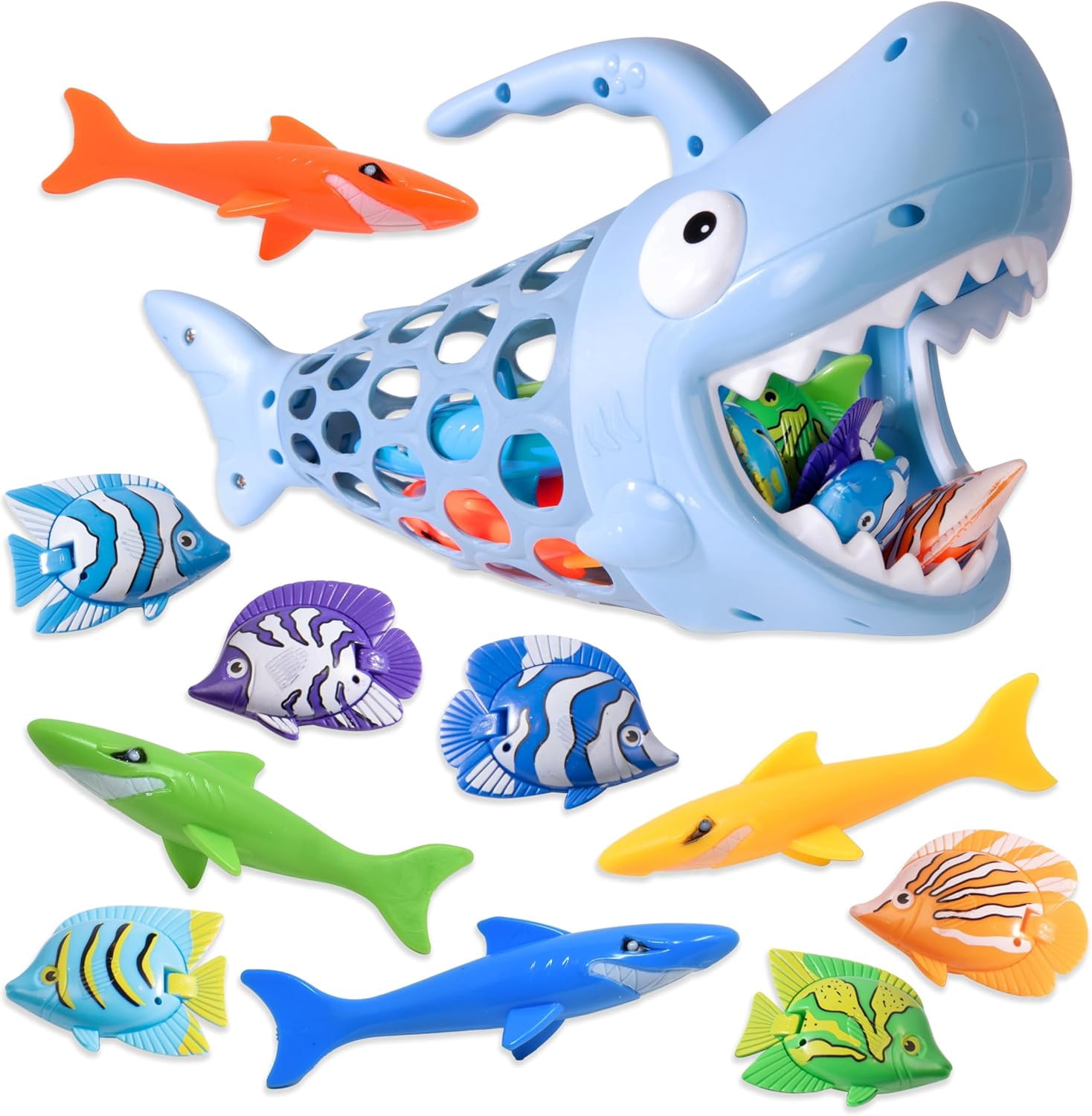 Kiddie Play Fishing Bath Toy for Babies and Toddlers | Fishing Net Shark with 6 Fish & 4 Sharks Multicolored