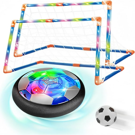 Kiddie Play Hover Soccer Ball Set with 2 Light Up Goals - Indoor Air Power Floating Football, Inflatable Ball & Pump - Soccer Gifts for Boys 6-12 Toys for Kids
