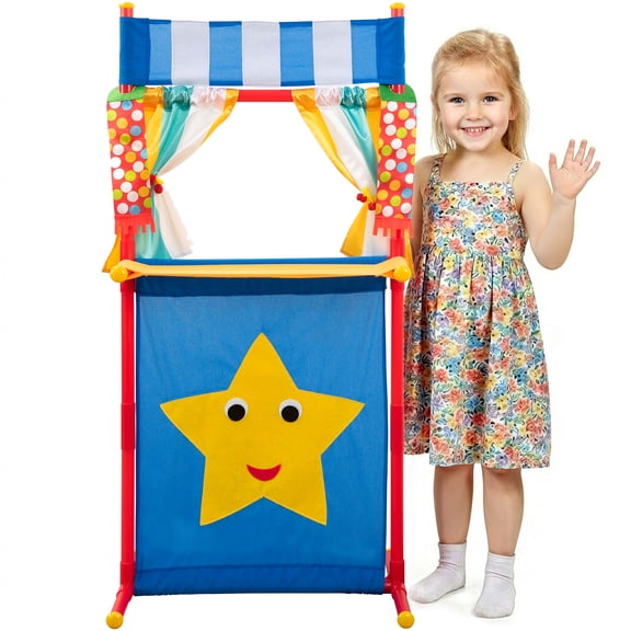 Kiddie Play Puppet Theater for Kids Floor Puppet Show Stand with Curtains Stage Playset for Toddlers 21" L X 44" H (Blue)