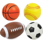 Kiddie Play Set of 4 Foam Balls for Kids, 4” Soccer Ball, Basketball, and Baseball & 6” Football