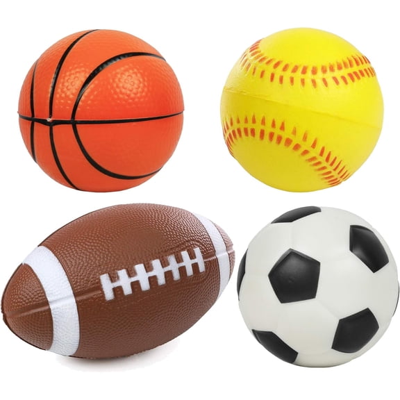 Kiddie Play Soft Foam Balls for Toddlers & Kids 4 Pack 4" Soccer Ball, Baseball, Basketball, and 6" Football