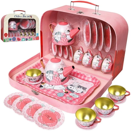 Kiddie Play Tea Set for Little Girls, Pretend Play Tea Party Set, Cat Design Kids Tin Tea Set with Carrying Case (15 Pcs)