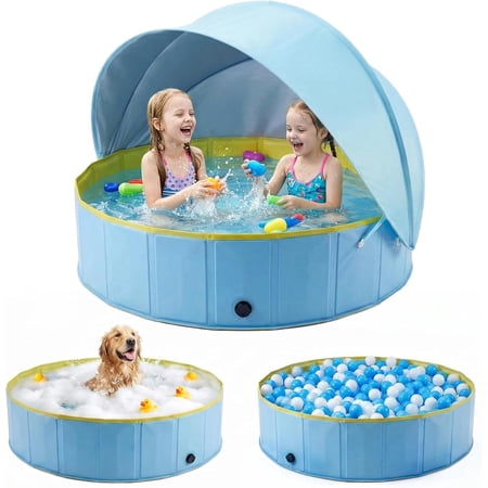 Kiddie Pool with Canopy, Large Foldable Pool with Detachable UPF 50+ Sunshade, 48in Pool Beach Essentials Tent Swimming Pool Dog Pool with Shade, Portable for Outdoor Backyard Beach