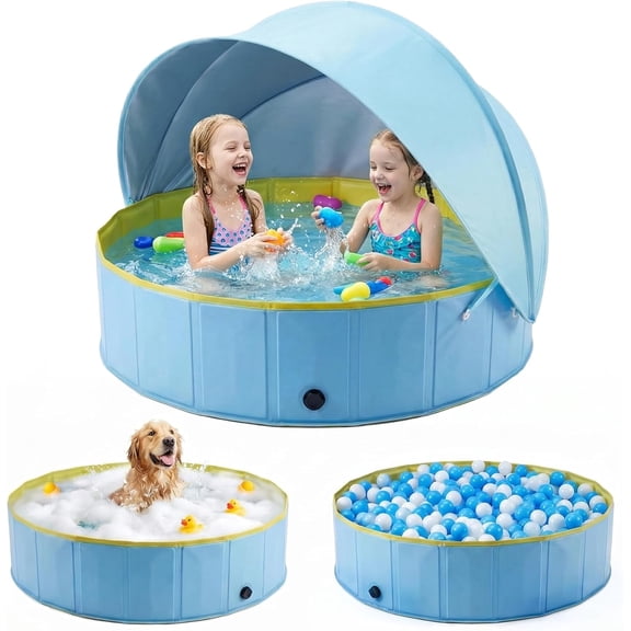 Kiddie Pool with Canopy, Large Foldable Pool with Detachable UPF 50+ Sunshade, 77in Pool Beach Essentials Tent Swimming Pool Dog Pool with Shade, Portable for Outdoor Backyard Beach