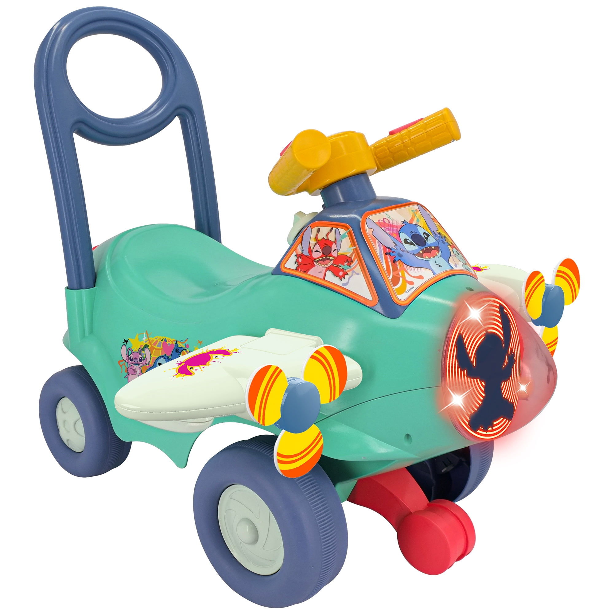 Kiddieland: Animated Lights Activity Plane - Stitch - Disney Lights-Sounds Foot-To-Floor Vehicle, Interactive Steering Wheel, Handle, Toddlers 12-36mo