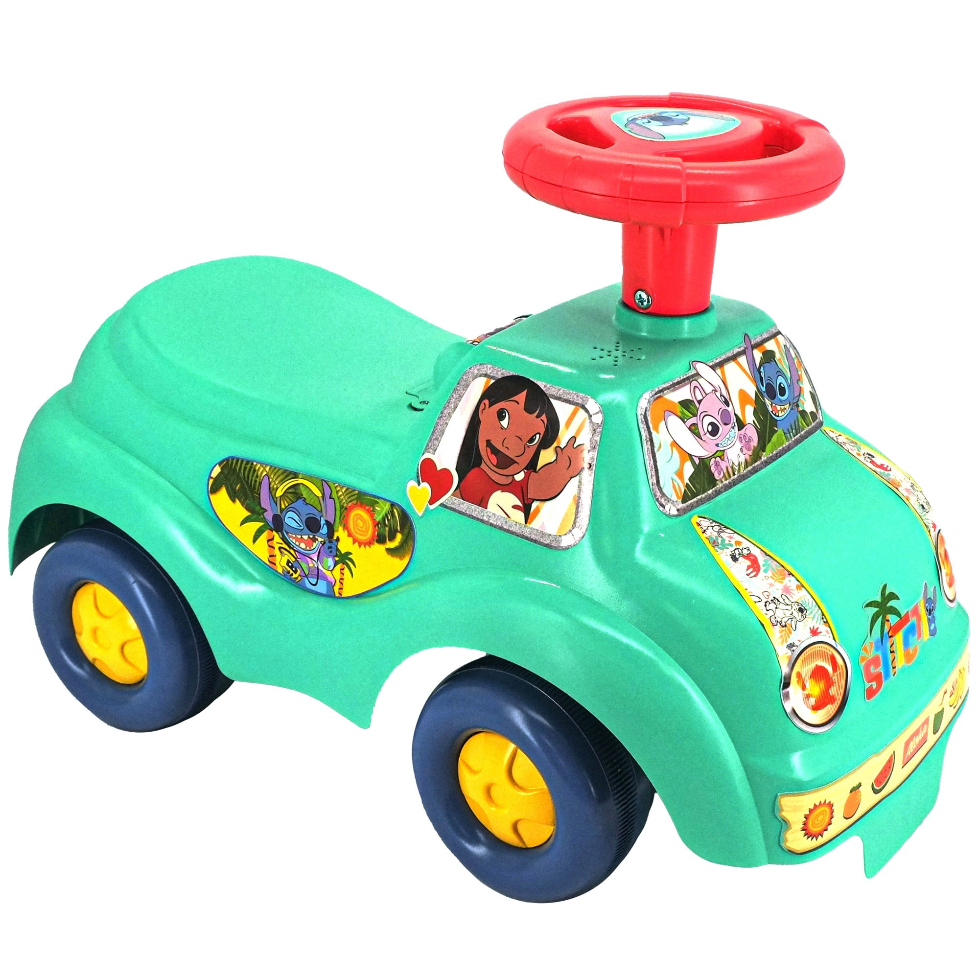 Kiddieland: My First Ride-On - Stitch - Teal & Red, Disney Character Lights & Sounds Foot-To-Floor Vehicle, Spin Roller & Steer Wheel, Toddler 12-36mo