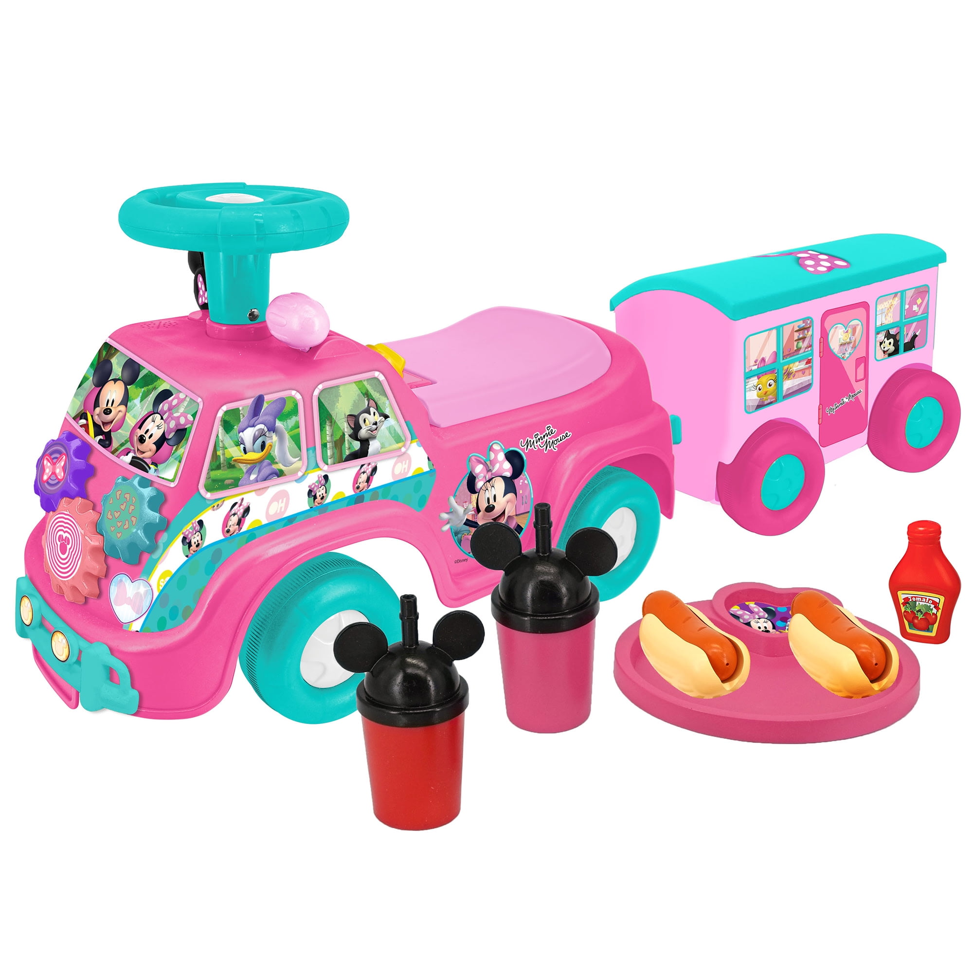 Kiddieland: Lights N' Sounds Camper & Trailer - Minnie - Disney Junior Foot-To-Floor Van Vehicle W/ Food Toy Accessories, Dashboard, Toddlers 12-36mo