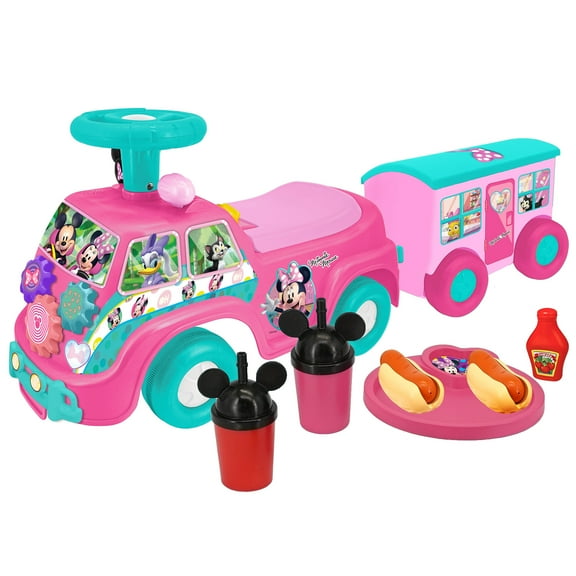 Kiddieland: Lights N' Sounds Camper & Trailer - Minnie - Disney Junior Foot-To-Floor Van Vehicle W/ Food Toy Accessories, Dashboard, Toddlers 12-36mo