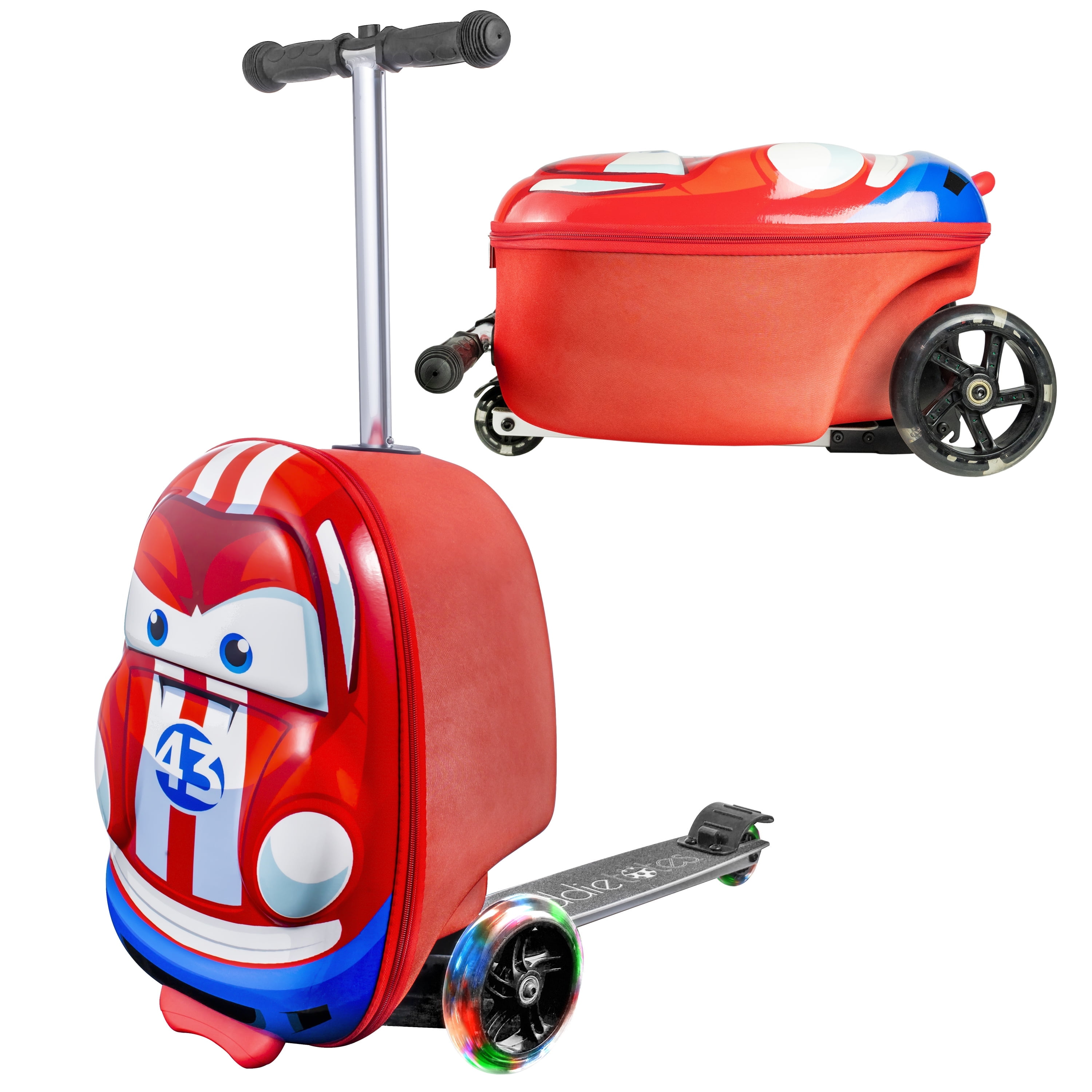 Kiddietotes Toddler s Race Car Scooter Suitcase with Light Up Wheels and 3D Hard Shell Walmart