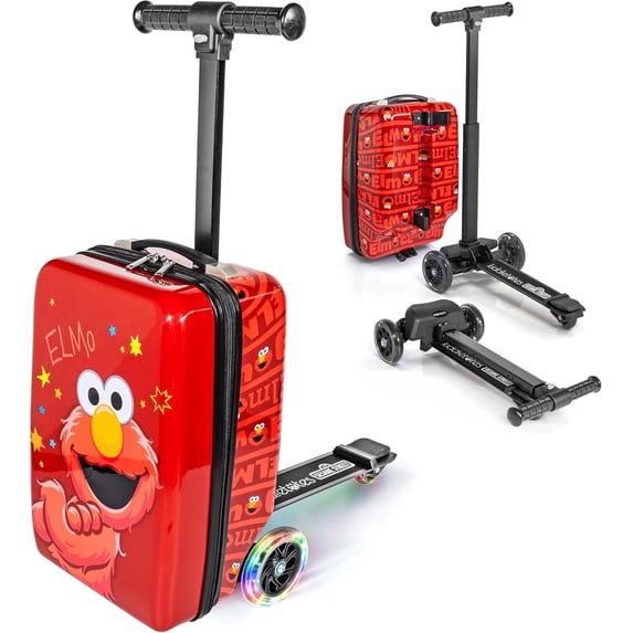Kiddietotes Sesame Street 4-in-1 Detachable Scooter Luggage for Kids – Elmo – Ride-On Suitcase with Removable Luggage Body, Adjustable Handlebar, Durable Deck & Brake – Carry-On Travel Bag