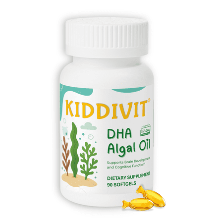 Kiddivit Algal Oil DHA Softgels for Kids – Plant-Based Omega-3 from Algae, 100 mg DHA per Softgel – Supports Brain, Eye, and Nervous System Development – Vegan – 90 Softgels