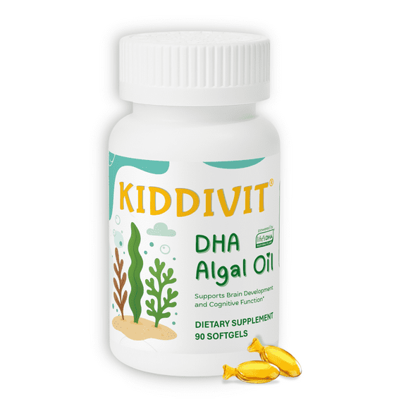 Kiddivit Algal Oil DHA Softgels for Kids Plant-Based Omega-3 from Algae, 100 mg DHA per Softgel Supports Brain, Eye, and Nervous System Development Vegan 90 Softgels