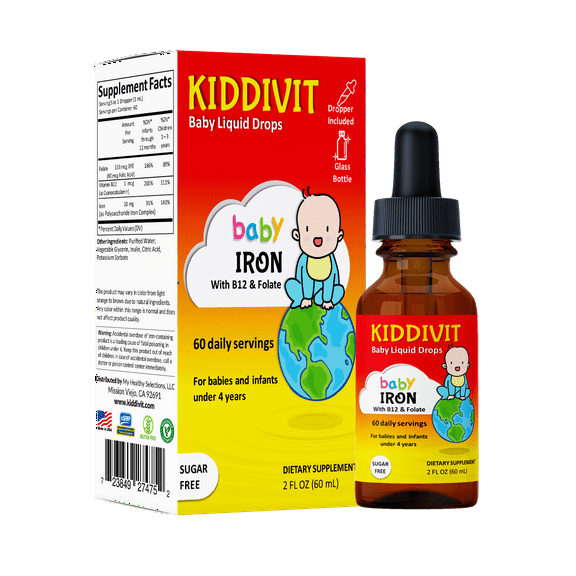 Kiddivit Baby Iron Liquid Drops with Vitamin B12 & Folate - 60 Daily Servings, 2 Fl Oz (60 mL) - Inulin Fortified (Prebiotic, Dietary Fiber) - Sugar Free, Gluten Free, Vegetarian Friendly