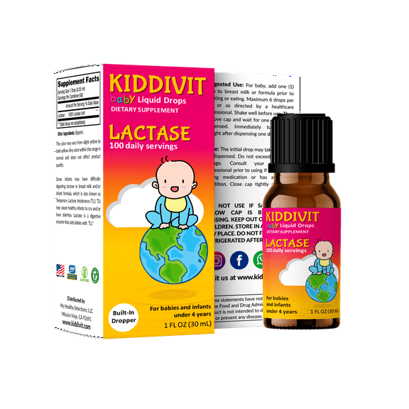 Kiddivit Baby Lactase Drops 1000 Units - 100 Daily Servings, 1 FL OZ (30 mL) - Built-In Dropper, Glass Bottle - Gluten Free, Vegetarian Friendly