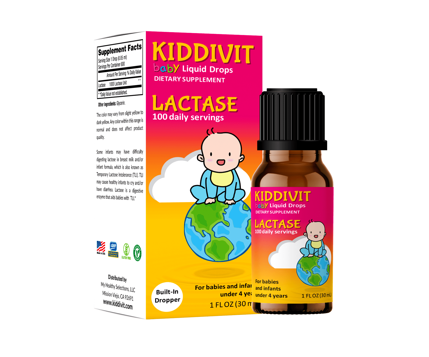 Kiddivit Baby Lactase Drops 1000 Units - 100 Daily Servings, 1 FL OZ (30 mL) - Built-In Dropper, Glass Bottle - Gluten Free, Vegetarian Friendly