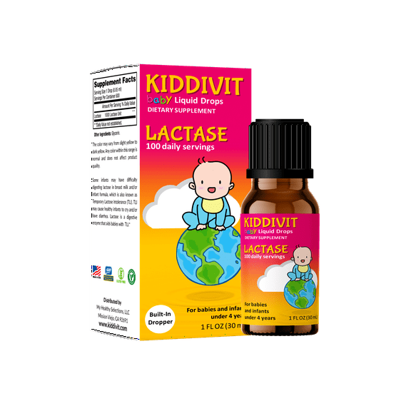 Kiddivit Baby Lactase Drops 1000 Units - 100 Daily Servings, 1 FL OZ (30 mL) - Built-In Dropper, Glass Bottle - Gluten Free, Vegetarian Friendly