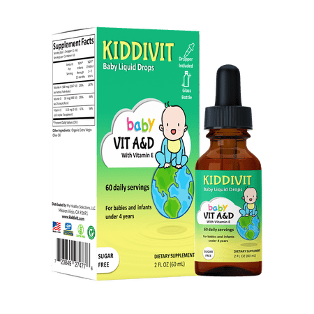 Kiddivit Baby Vitamin A&D Liquid Drops With Vitamin E - 60 Daily Servings, 2 FL OZ (60 mL) - Dropper Included, Glass Bottle - Sugar Free, Gluten Free, Vegetarian Friendly