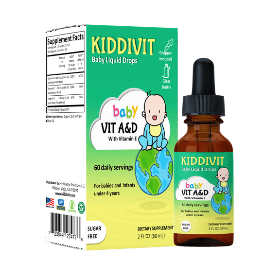 Kiddivit Baby Vitamin A&D Liquid Drops With Vitamin E - 60 Daily Servings, 2 FL OZ (60 mL) - Dropper Included, Glass Bottle - Sugar Free, Gluten Free, Vegetarian Friendly