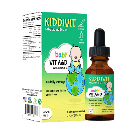 Kiddivit Baby Vitamin A&D Liquid Drops With Vitamin E - 60 Daily Servings, 2 FL OZ (60 mL) - Dropper Included, Glass Bottle - Sugar Free, Gluten Free, Vegetarian Friendly